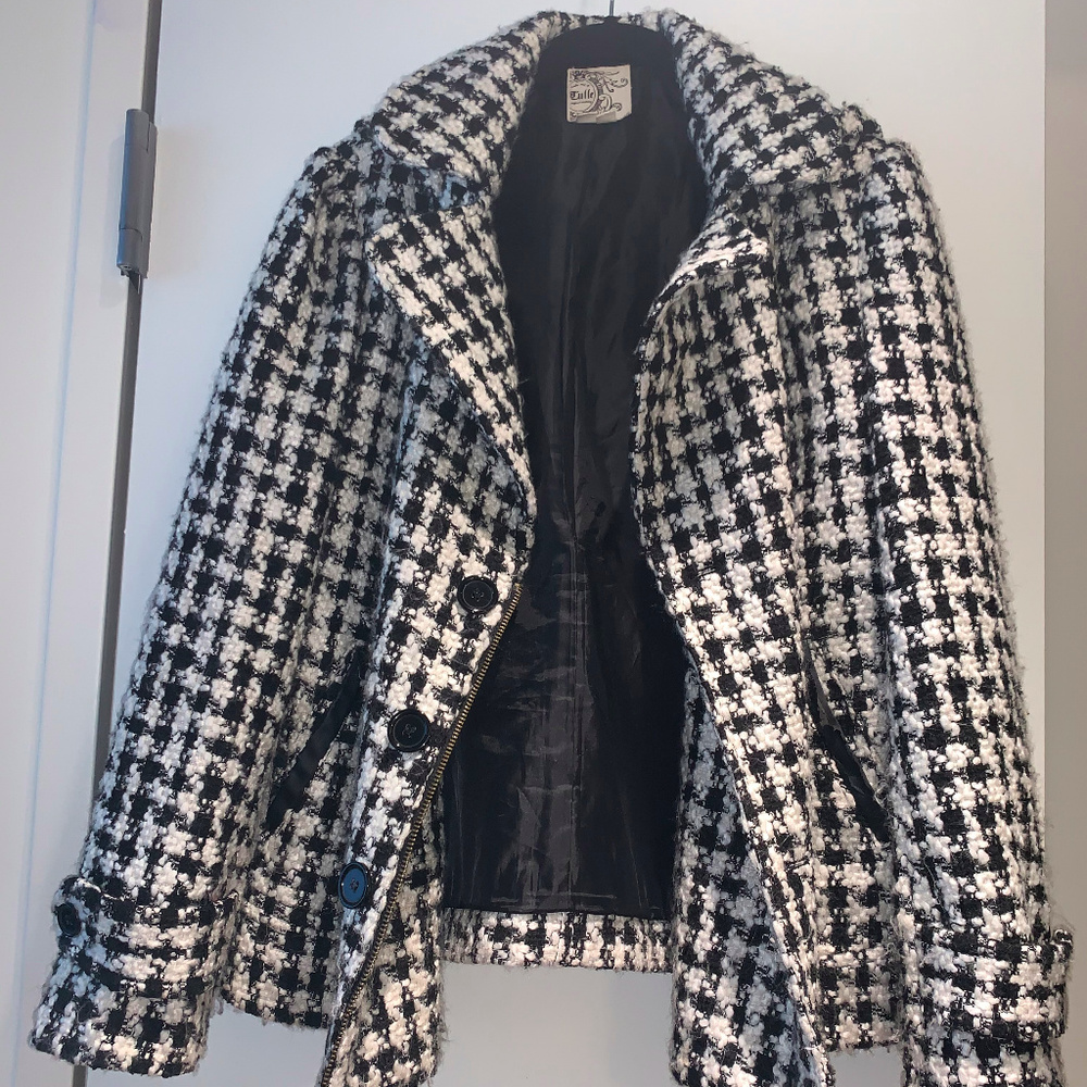 Houndstooth Black and White Wool/Viscose Peacoat
